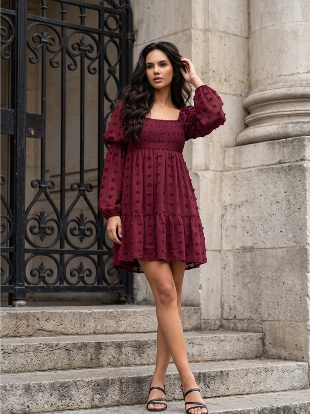 Smocked Burgundy Maxi Dress with Textured Puff Sleeves